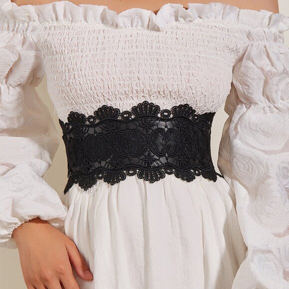 2/$30 Black PU Leather Lace Elastic Waist Belt Stretch Wide For Dress Blouse - Picture 1 of 7